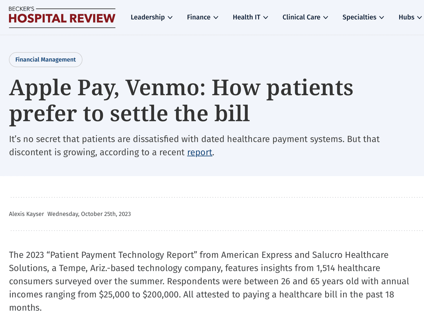 How Patients Prefer to Settle the Bill — Becker's earned media