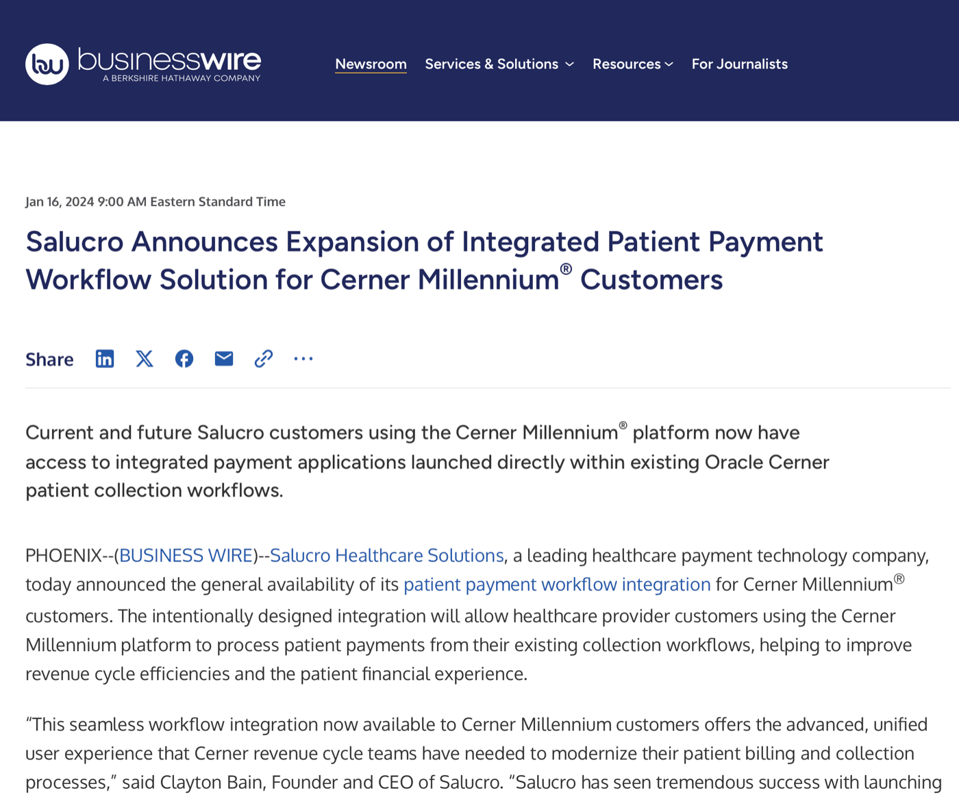 Salucro Announces Expansion with Cerner Millennium
